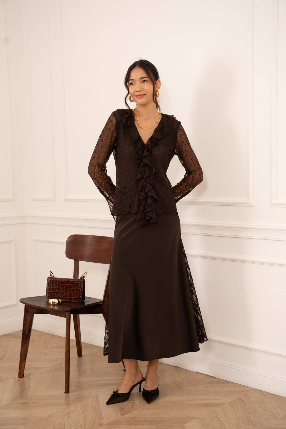 Chocolate Brown Lace Blouse with Ruffled V-Neck