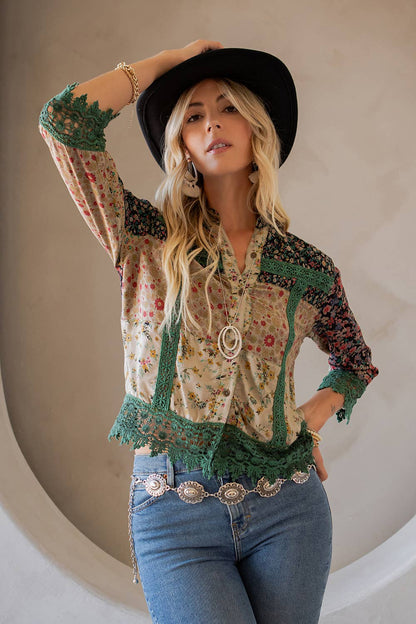 Lace Detailed Button Down Cropped Boho Cowgirl Shirt