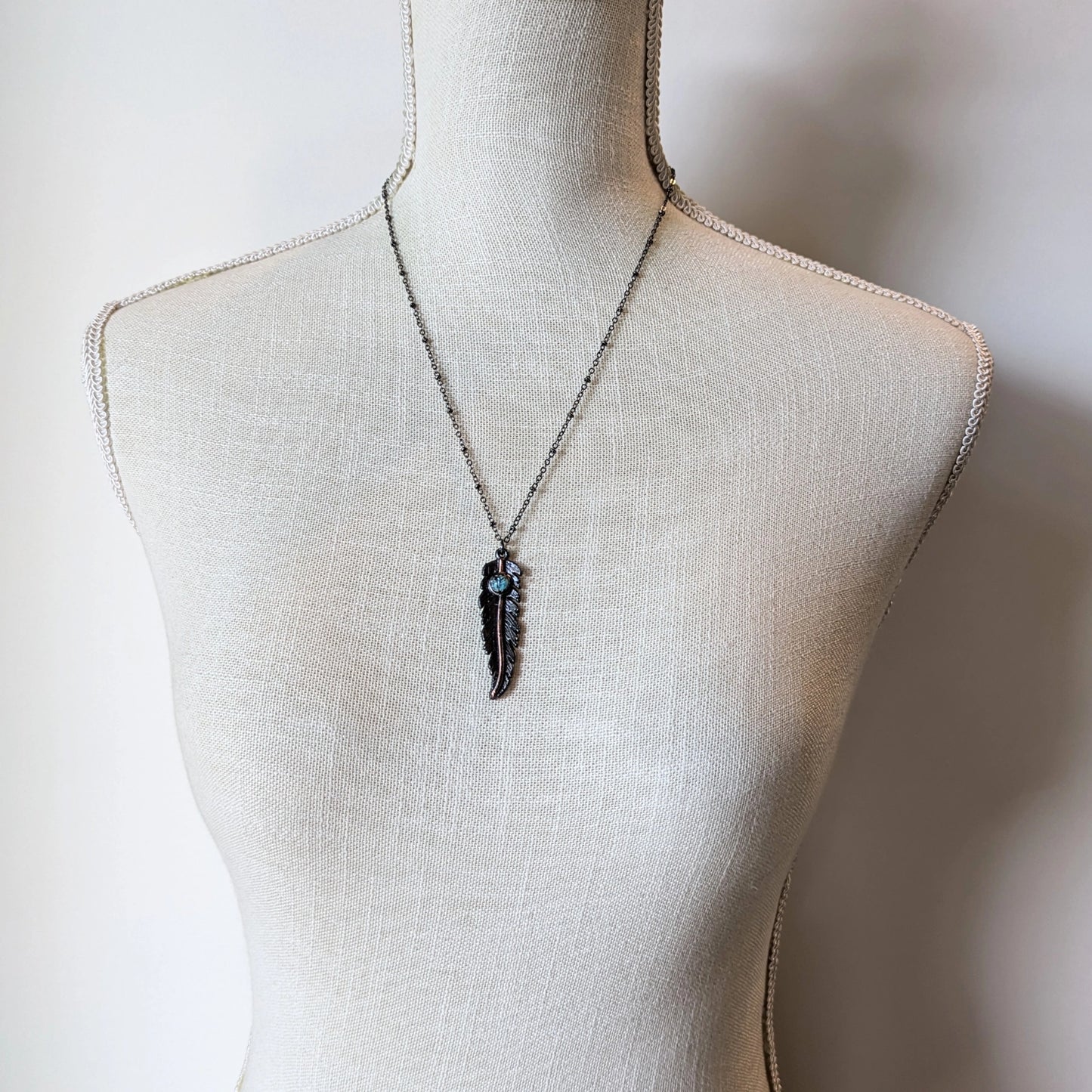 Gunmetal Feather Pendant with Turquoise Necklace