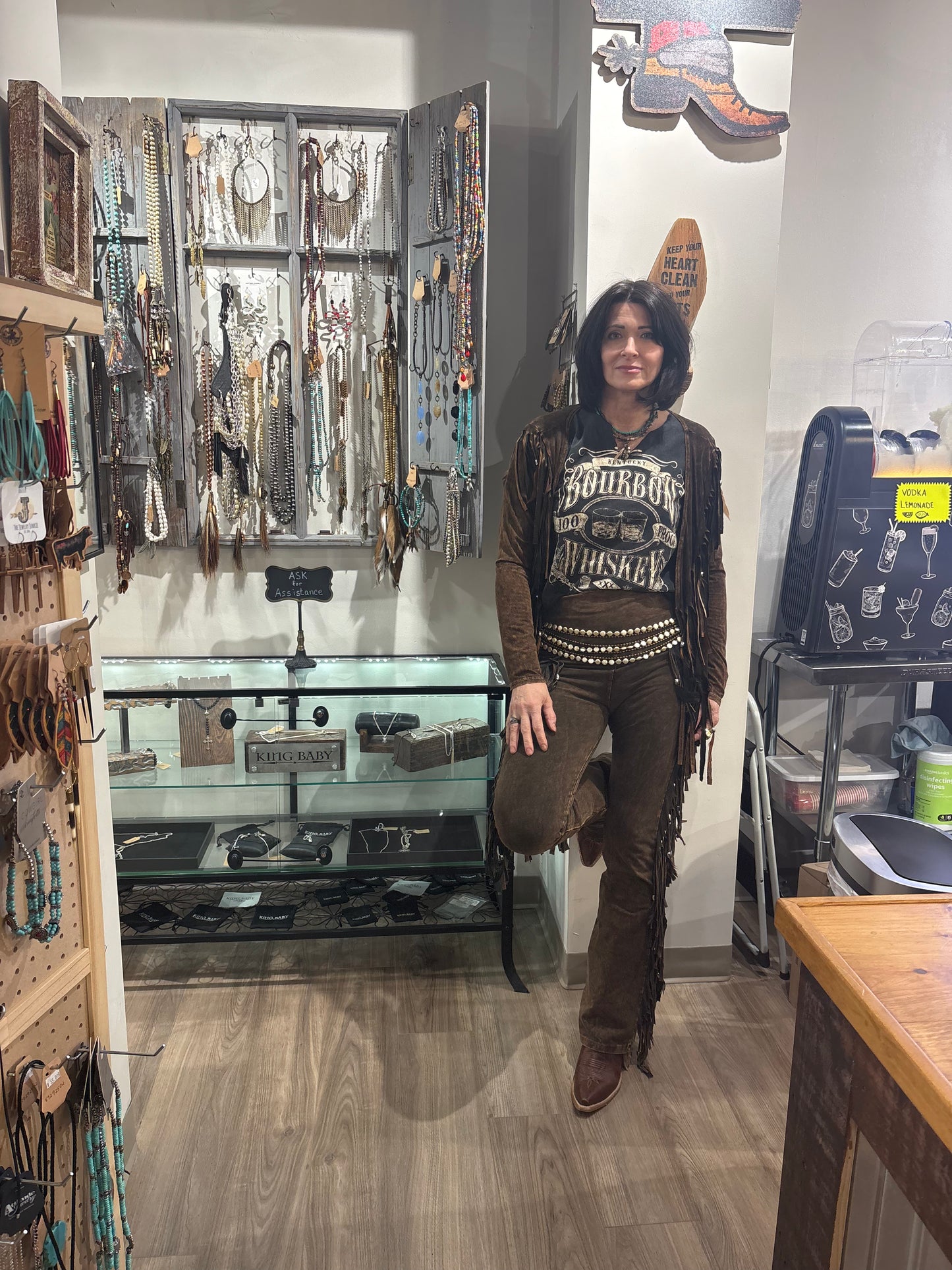 Short V Back Fringed and Feathered Jacket by Pat Dahnke -Brown