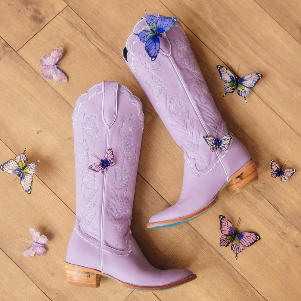 Lilac cowboy boots with butterfly accents