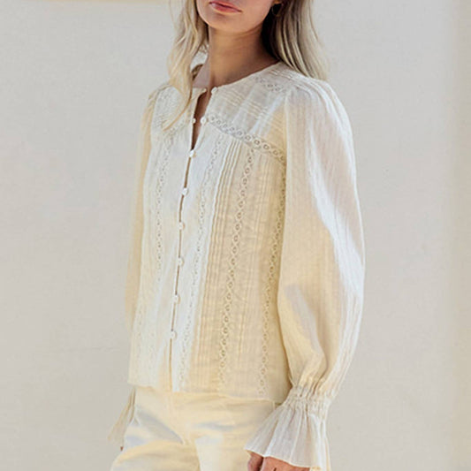 Lace Pintuck Detail Button Blouse