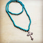 Long Turquoise Beaded Necklace w/ Copper Cross