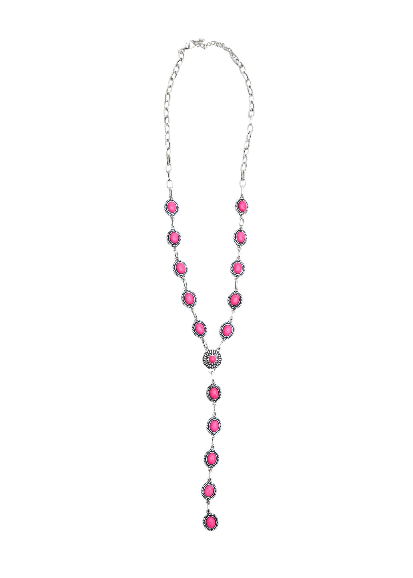 Dainty Silver Oval Pink Concho Lariat Style Necklace