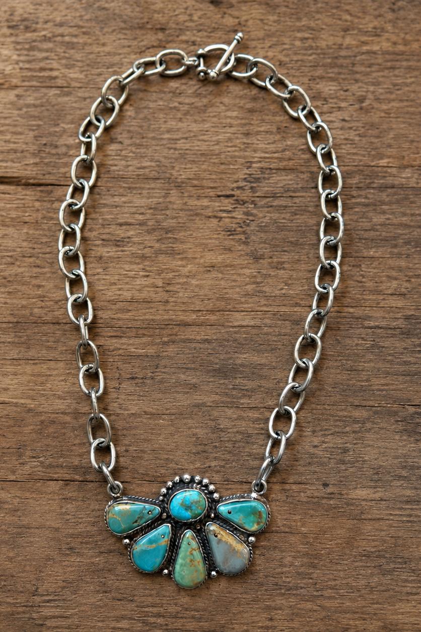 Genuine Turquoise Tibetan Pendant Half Burst Necklace