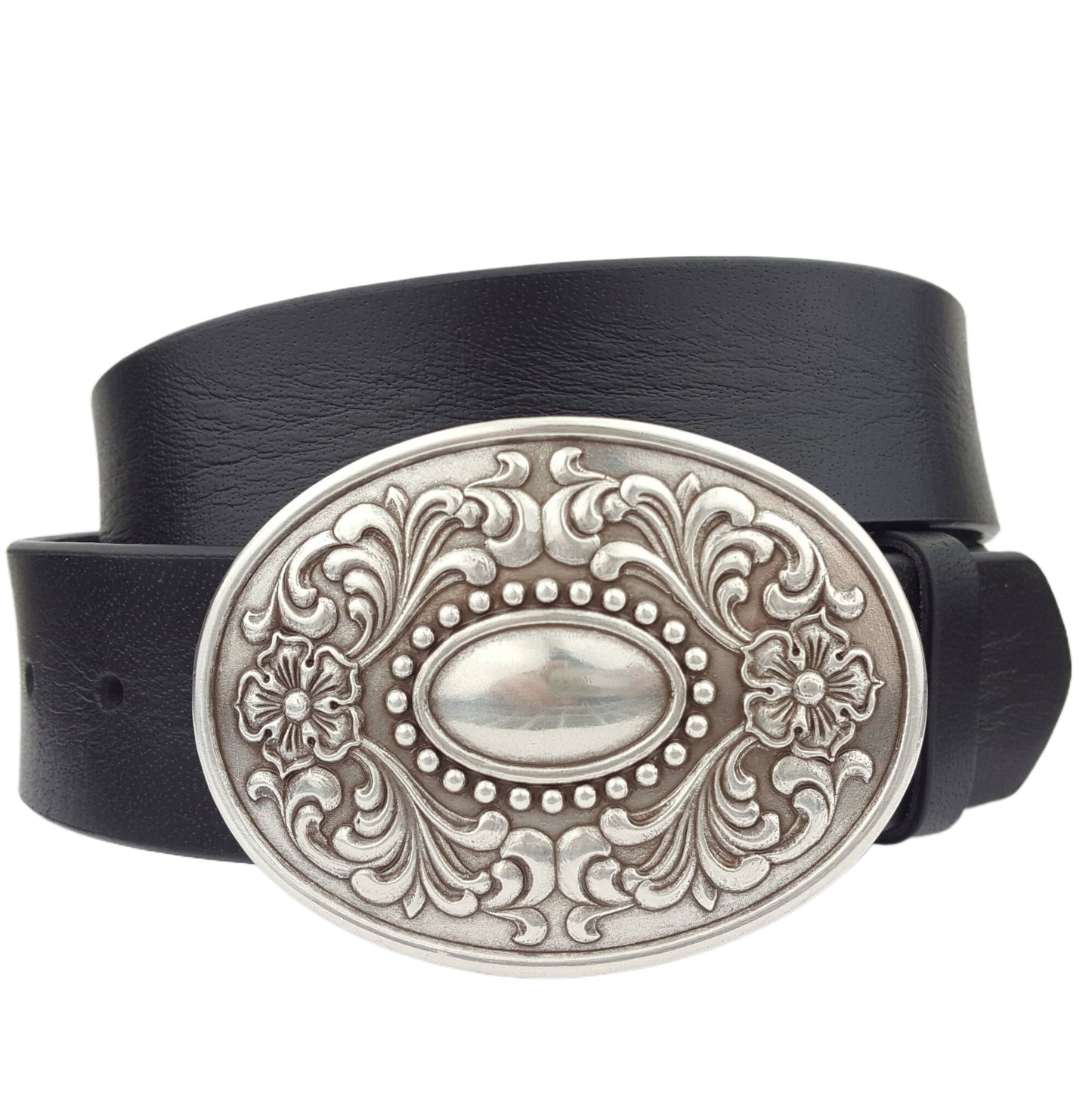Genuine Leather Belt with Removable Western Floral Buckle