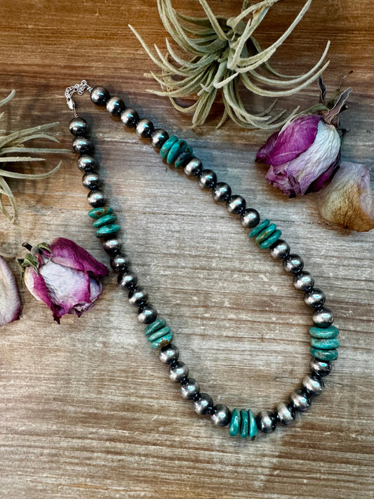 NFR Collection Necklace – 12mm Sterling Silver Pearls with 16mm Green Turquoise Rondelle – Handmade by The Bijoux FAB – 21.5"