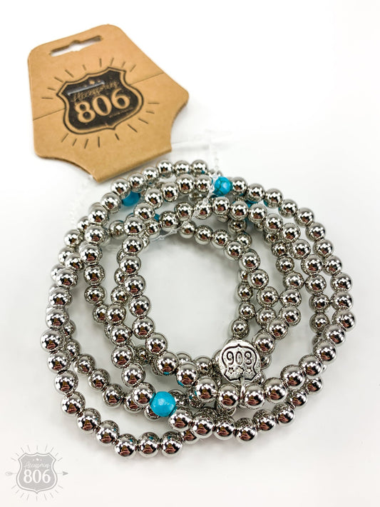 Five Strand Silver and Turquoise Stretch Bracelet - Cowgirl Jewelry