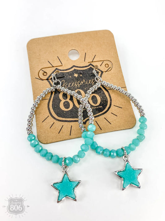 Star Pendant on Aqua Beaded Earrings - Cowgirl Jewelry