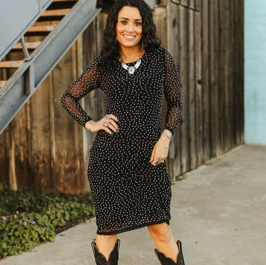 Black Rhinestone studded Long Sleeve Dress