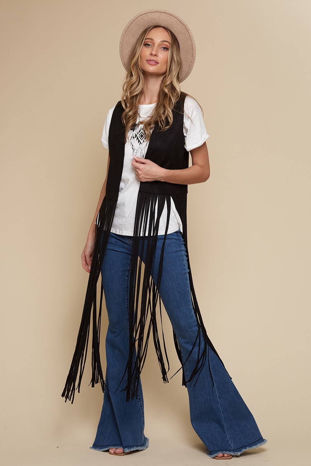 Black Long Fringe Faux Suede Western Vest