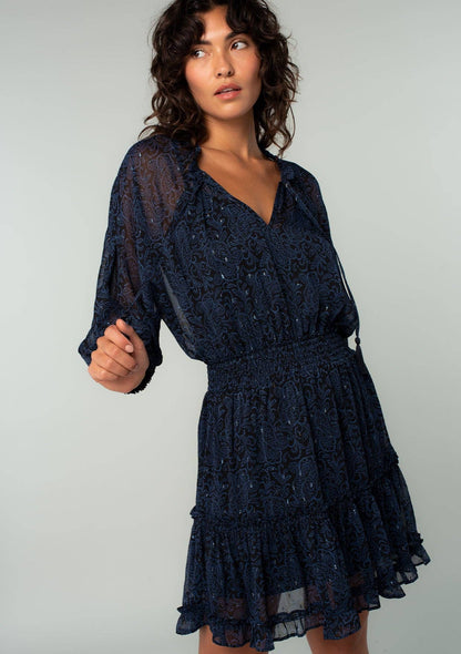 Paisley Dolman Sleeve Smocked Tiered Navy Mini Dress