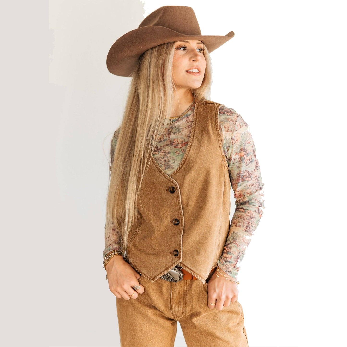Brown Denim Western Style Cowgirl Vest