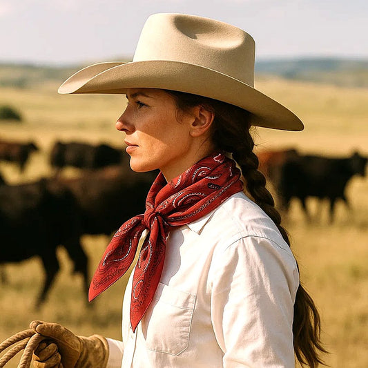 Woman in cowboy hat and bandana with cows in the background.