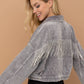 Washed Gray Corduroy Oversized Rhinestone Fringe Jacket