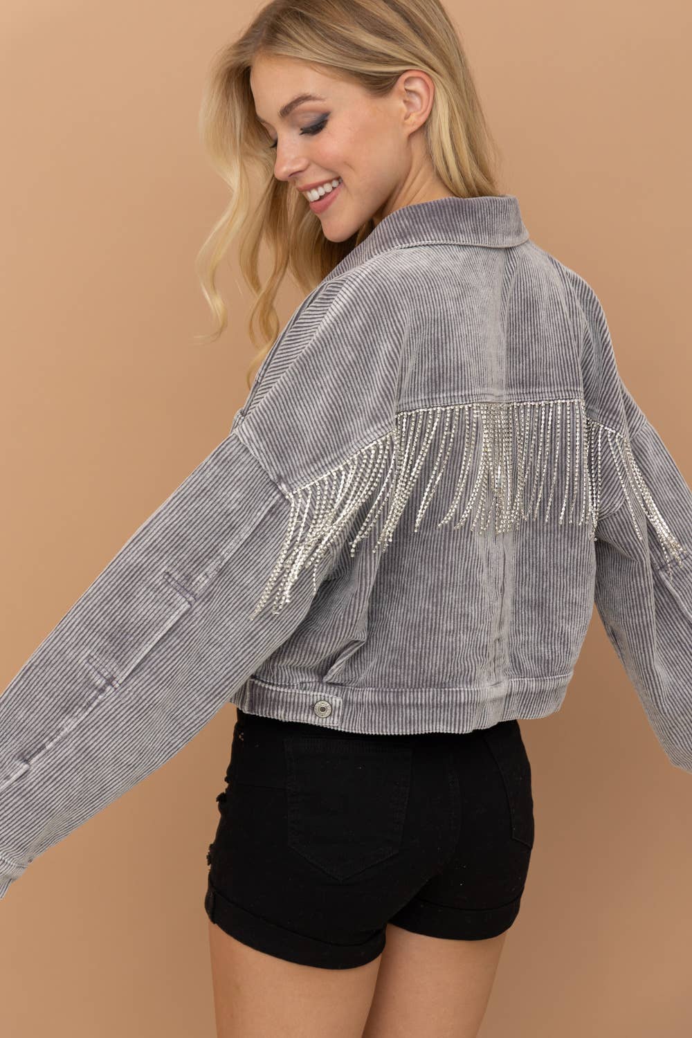 Washed Gray Corduroy Oversized Rhinestone Fringe Jacket