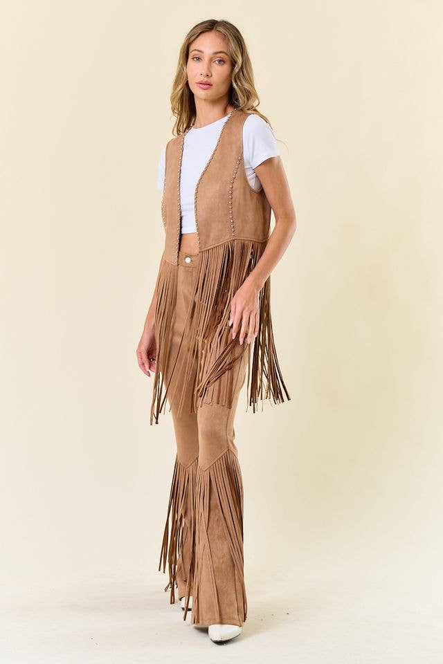 Tan Studded Long Fringe Faux Suede Vest