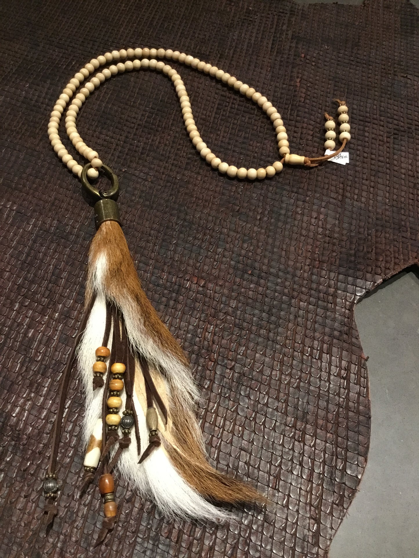 Strand of Bone Beads with Axis Deer Hide Necklace - Amy Kaplan for Bourbon Cowgirl
