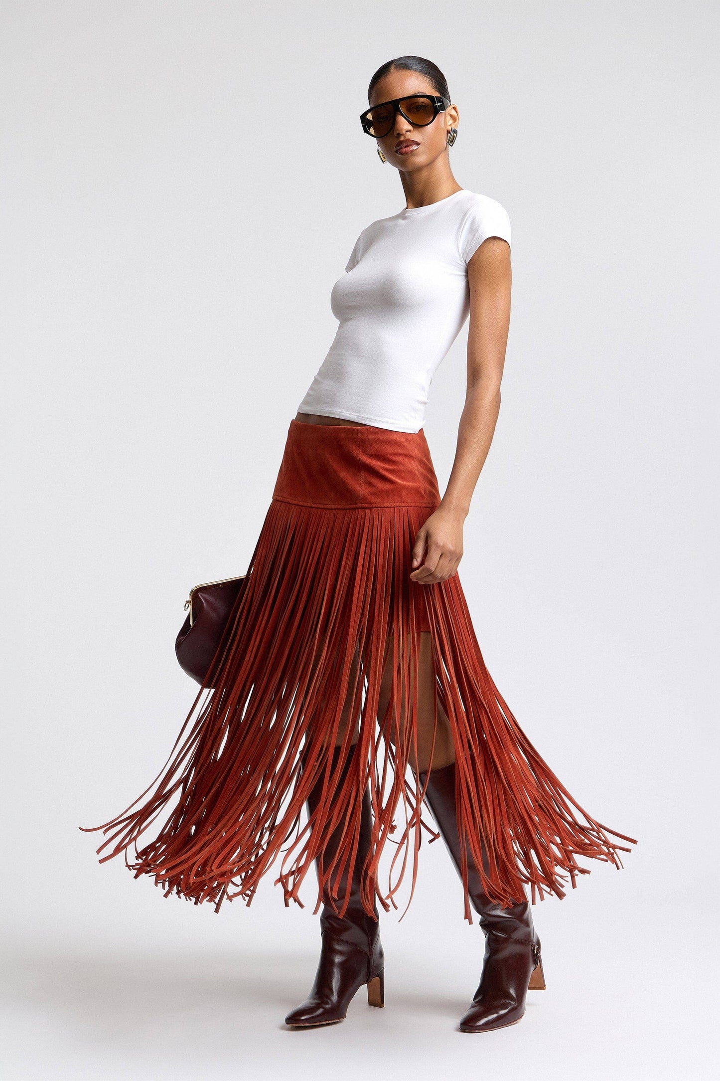 Faux Suede Fringe Maxi Skirt - Rust
