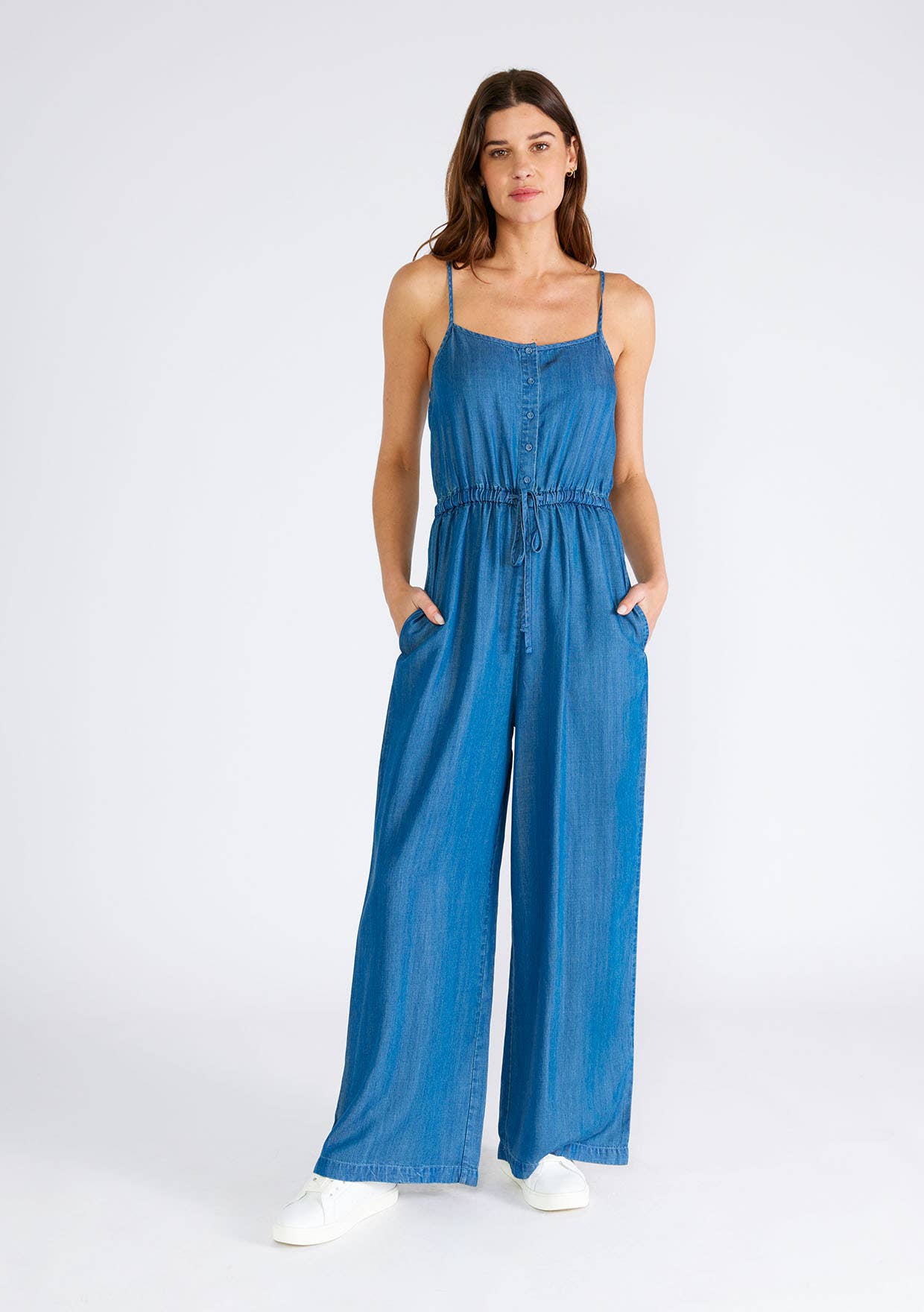 Lovestitch Tencel Sleeveless Button Front Wide Leg Jumpsuit S Blue