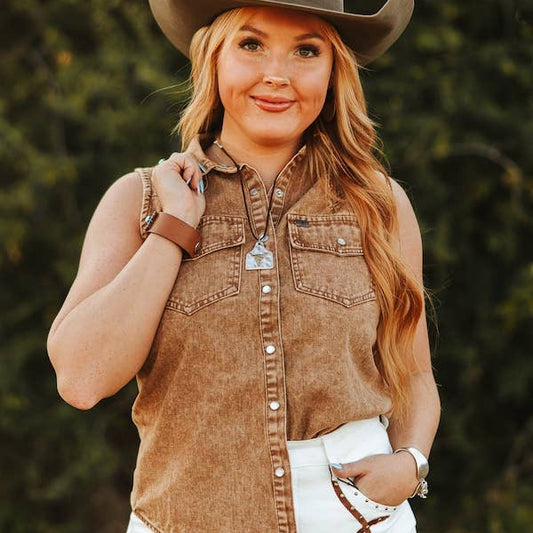 Camel Denim Button Down Sleeveless Shirt