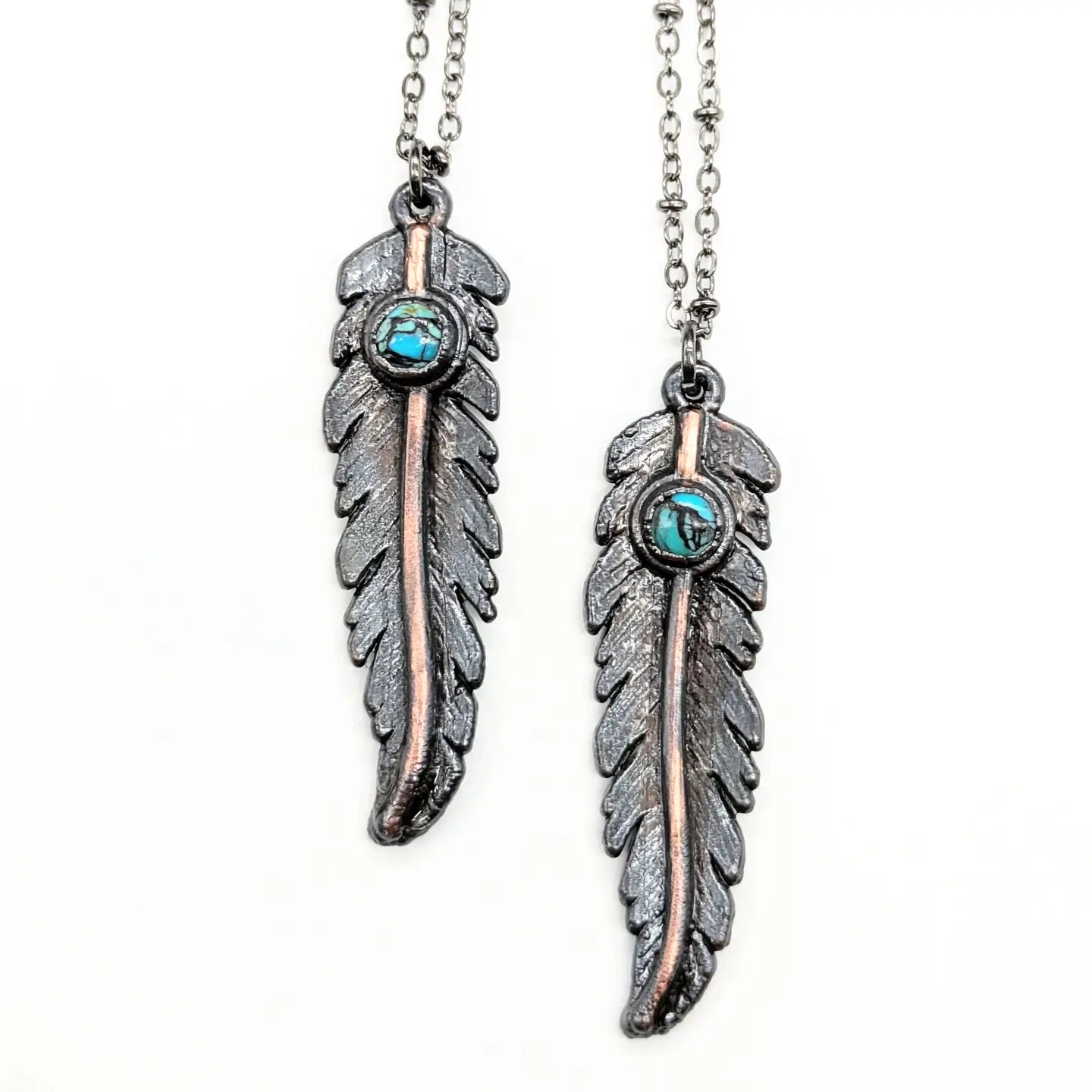 Gunmetal Feather Pendant with Turquoise Necklace