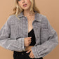 Washed Gray Corduroy Oversized Rhinestone Fringe Jacket