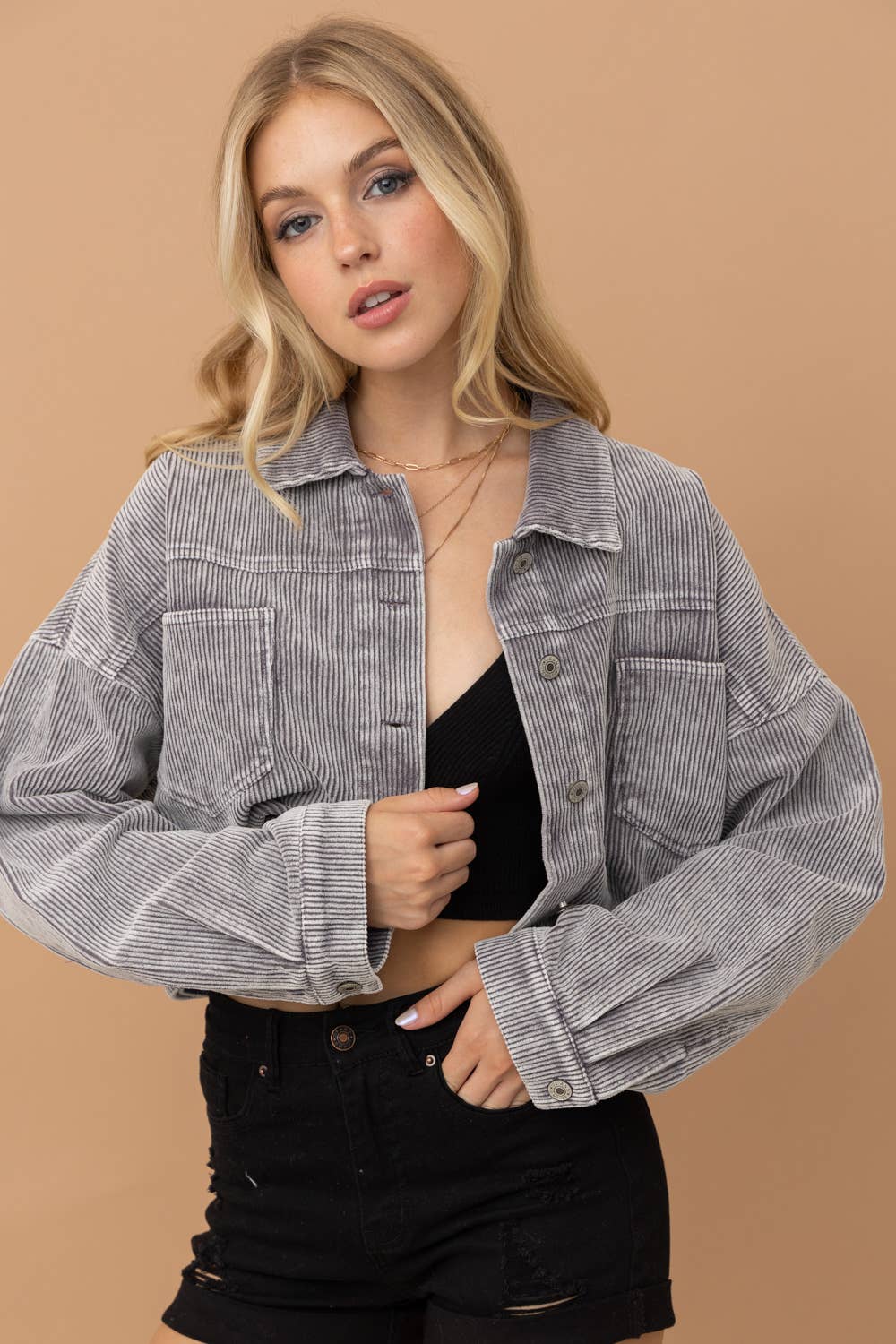 Washed Gray Corduroy Oversized Rhinestone Fringe Jacket