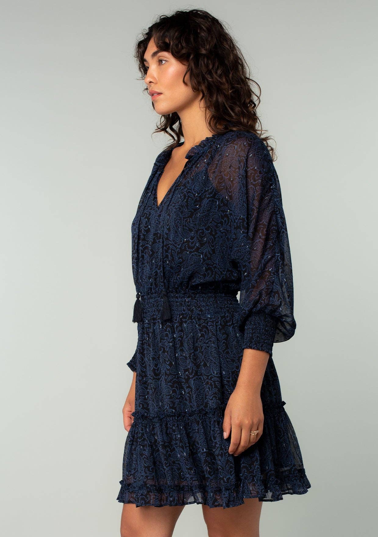 Paisley Dolman Sleeve Smocked Tiered Navy Mini Dress