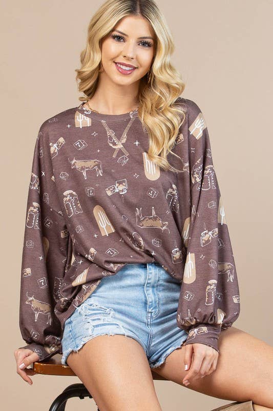 Western Print Long Sleeve Sweatshirt for Cowgirls