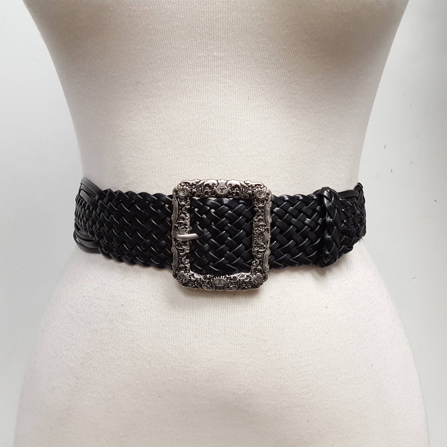 Hand Braided Black Leather Belt with Silver Floral Etched Buckle