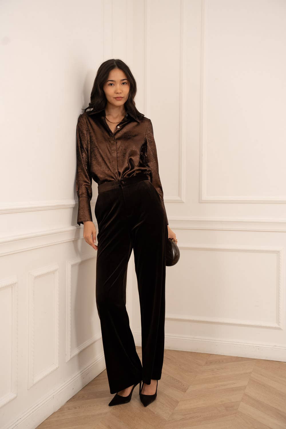 Léa Shiny Metallic Button Up Shirt in Brown