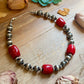 Dyed Red Coral Barrel & Sterling Silver Pearl Necklace