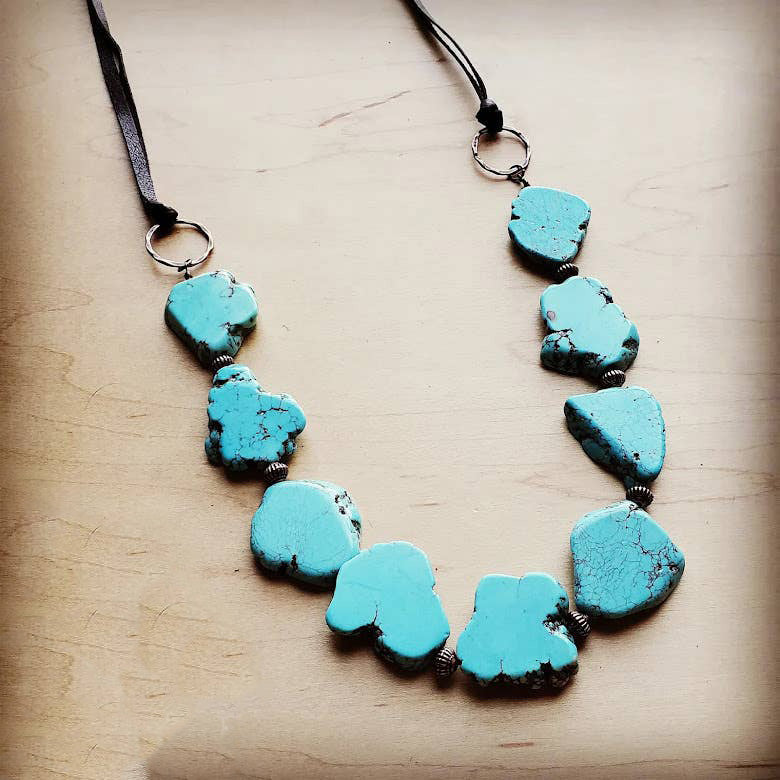 Blue Turquoise Slab Necklace with Leather Ties - Western Jewelry