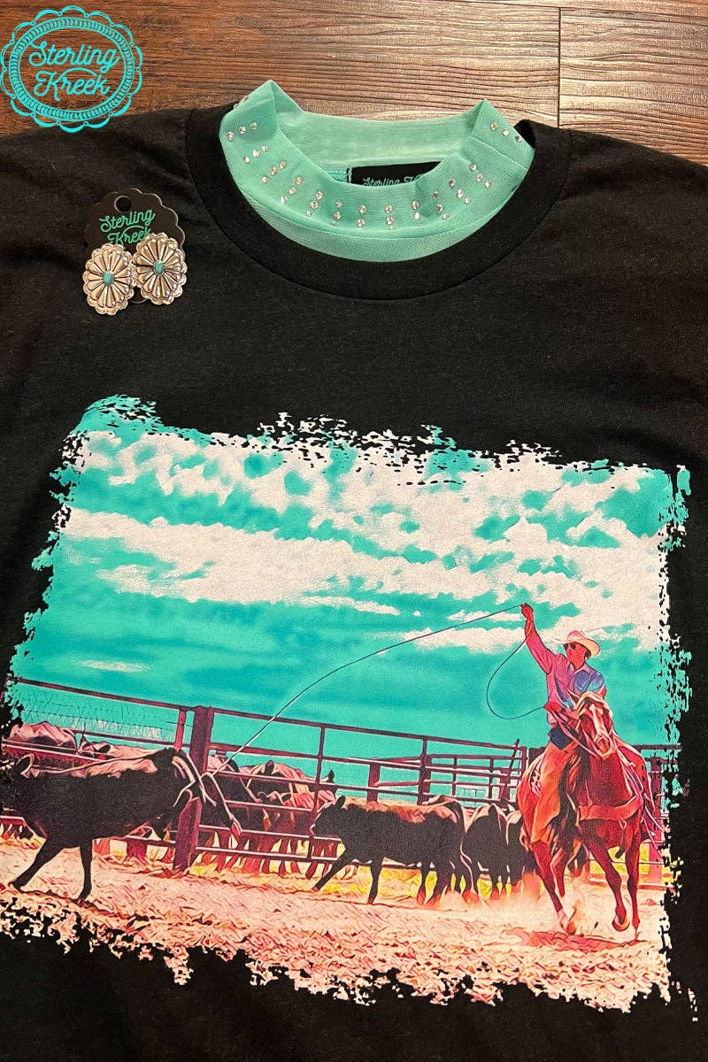 Turquoise Trouble Mesh Top with Rhinestones at Bourbon Cowgirl