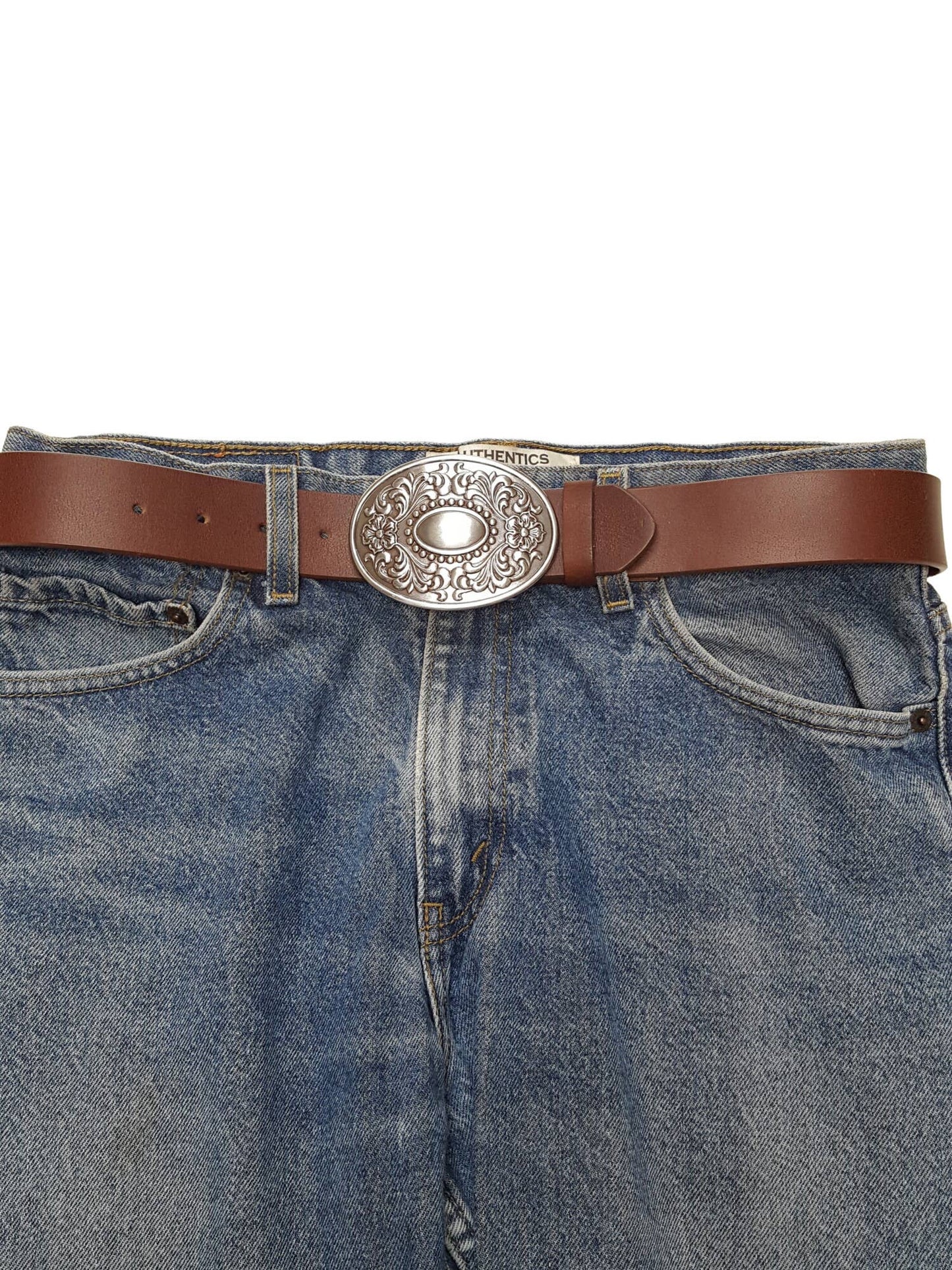 Genuine Leather Belt with Removable Western Floral Buckle