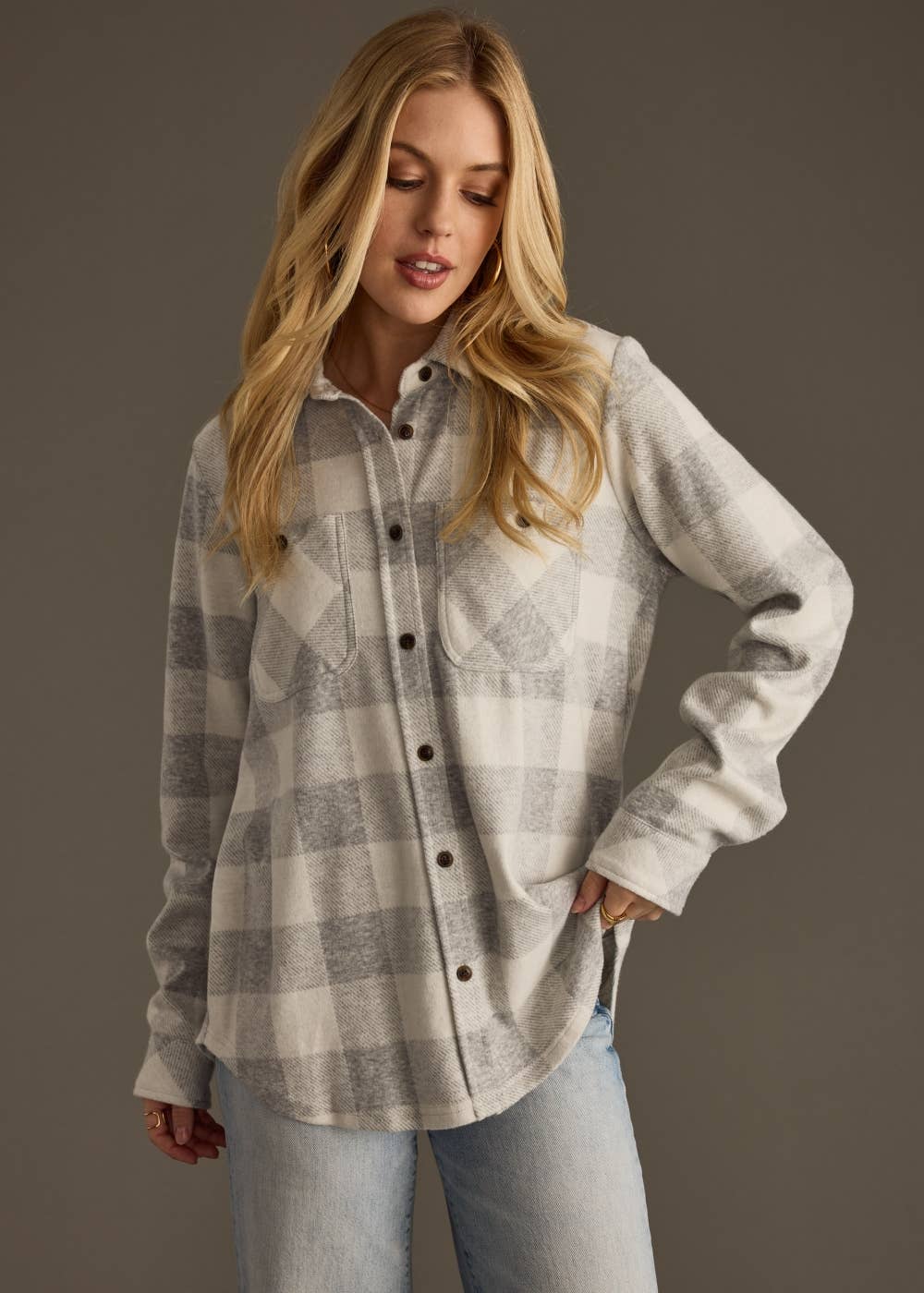 Light Gray & White Plaid Button Up Flannel for Women