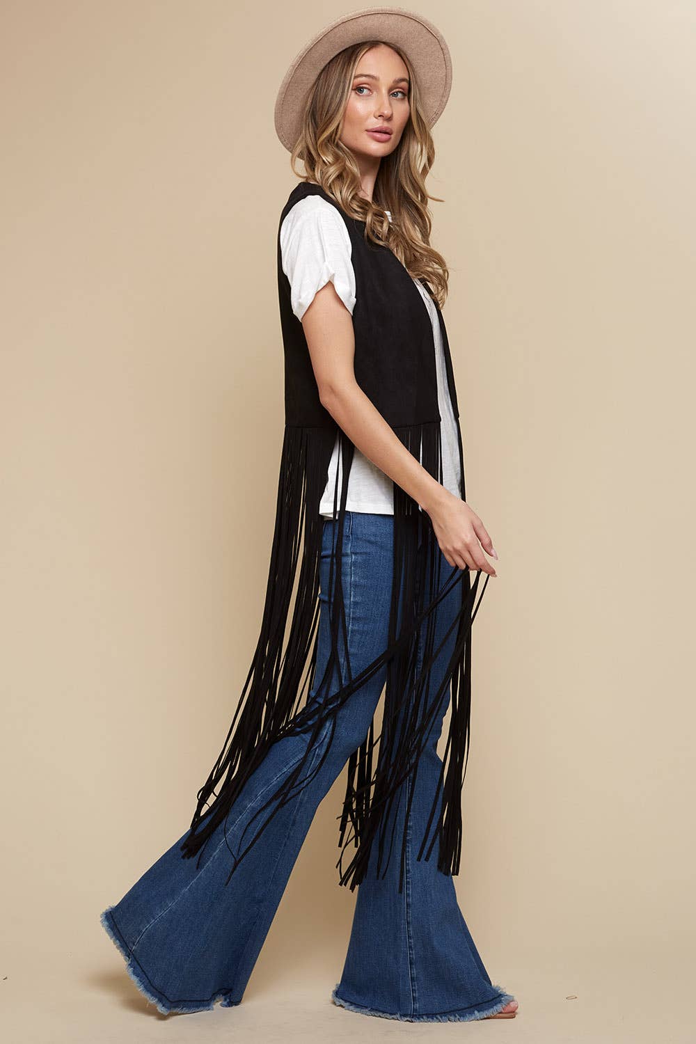 Black Long Fringe Faux Suede Western Vest