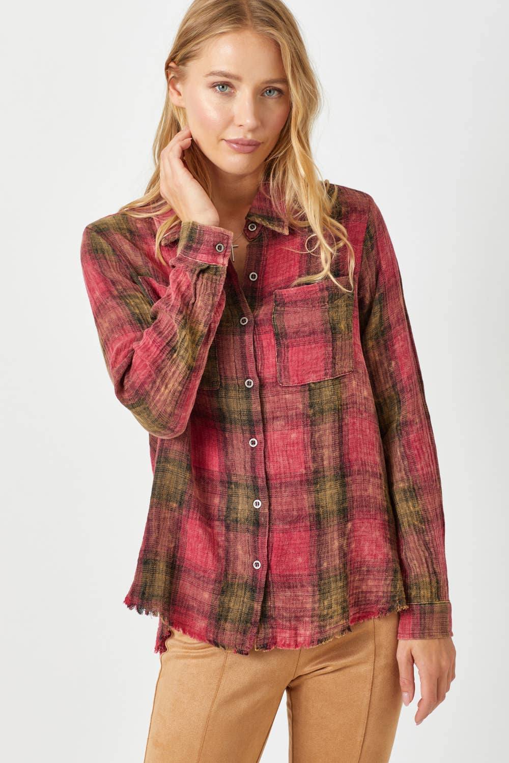 Fringe Bottom Washed Plaid Shirt