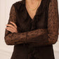 Chocolate Brown Lace Blouse with Ruffled V-Neck