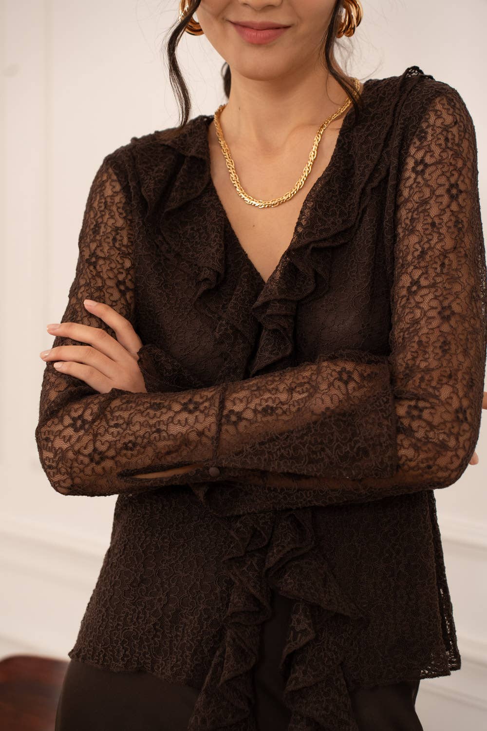 Chocolate Brown Lace Blouse with Ruffled V-Neck
