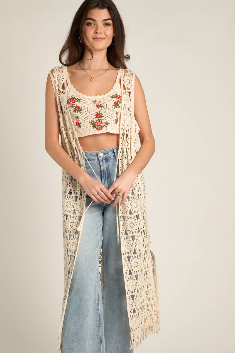 Crochet Open Front Tie Tassel Maxi Cardigan