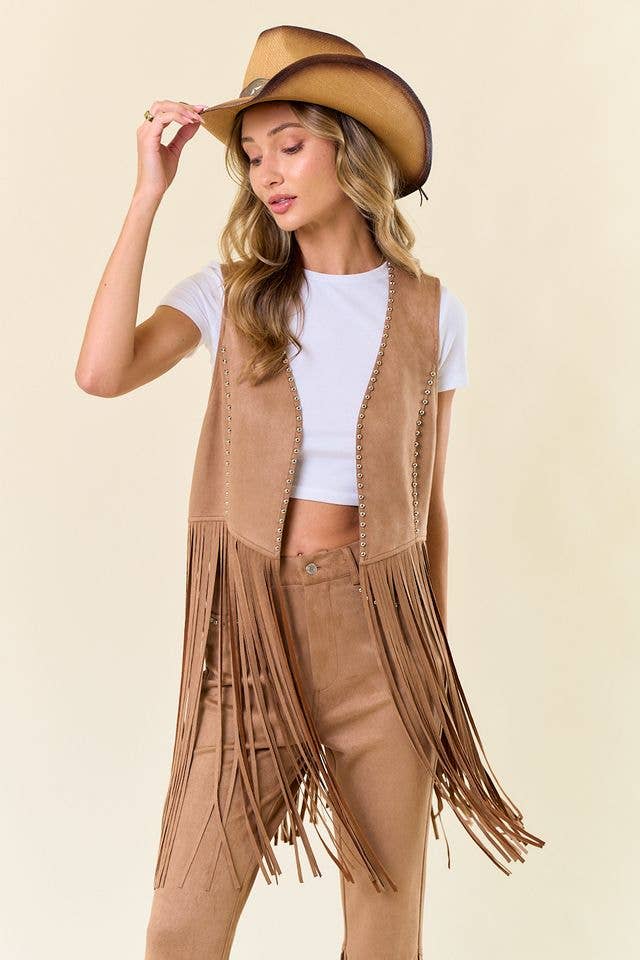 Tan Studded Long Fringe Faux Suede Vest