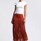 Faux Suede Fringe Maxi Skirt - Rust