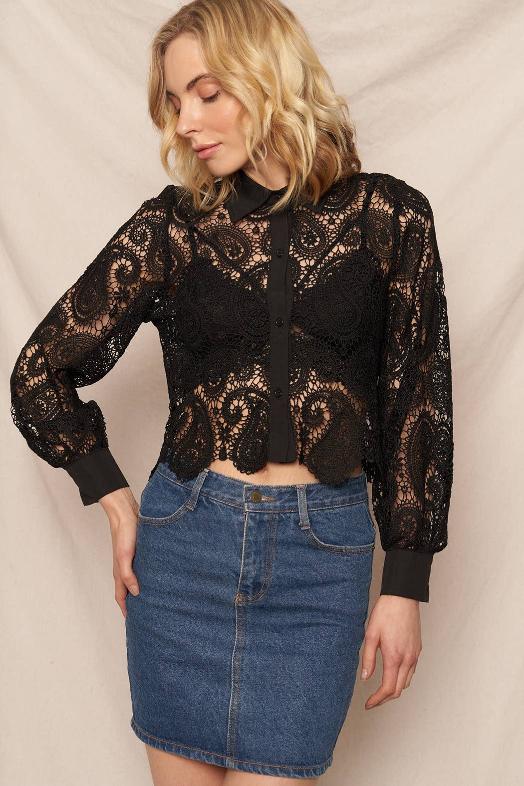 Long Sleeve Paisley Lace Button Down Top