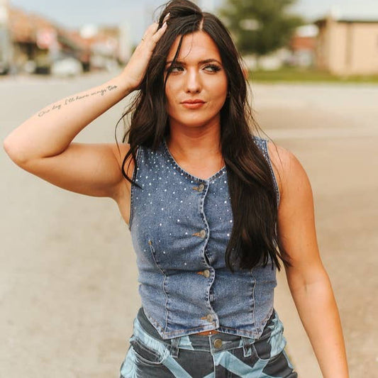 Denim Rhinestone Button Down Vest
