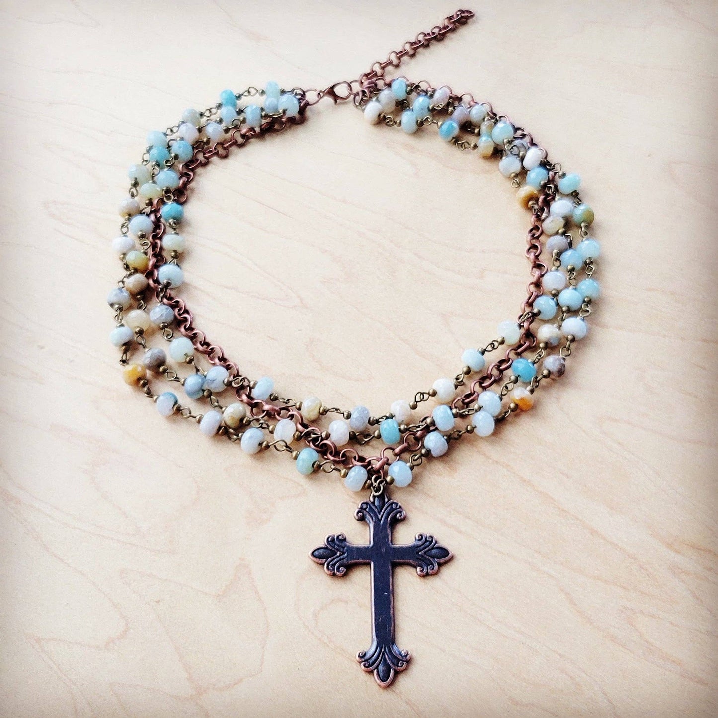 Amazonite Beaded Collar Necklace w/ Cross Pendant