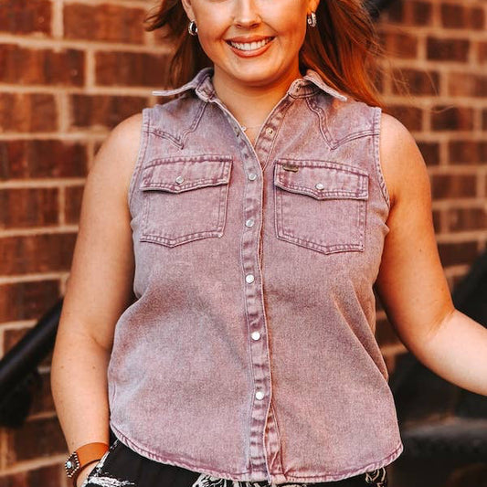 Lavender Denim Mineral Wash Sleeveless Pearl Snap Top