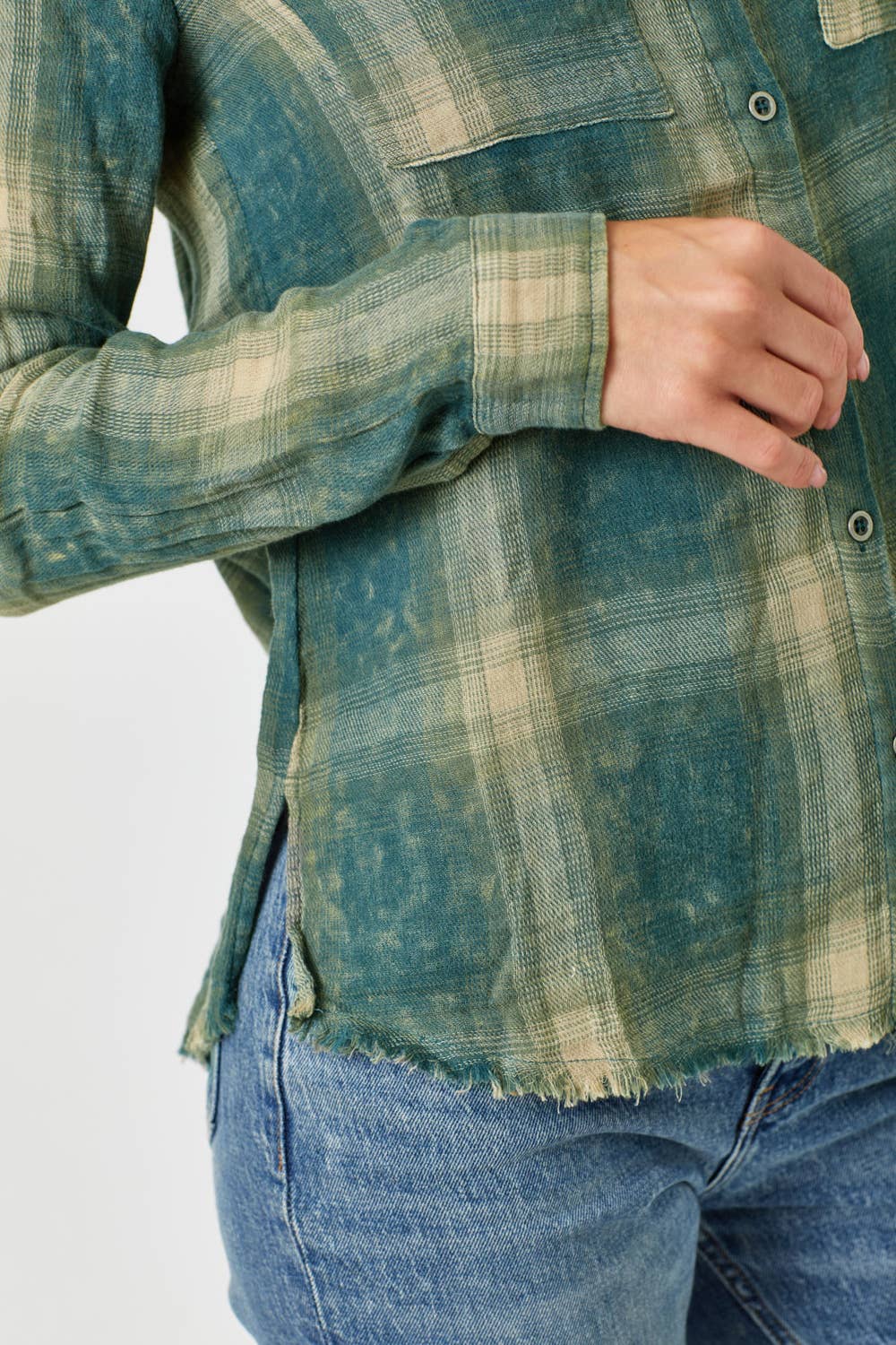 Fringe Bottom Washed Plaid Shirt