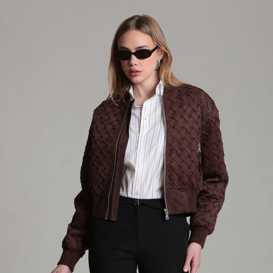 Faux Suede Woven Bomber Jacket